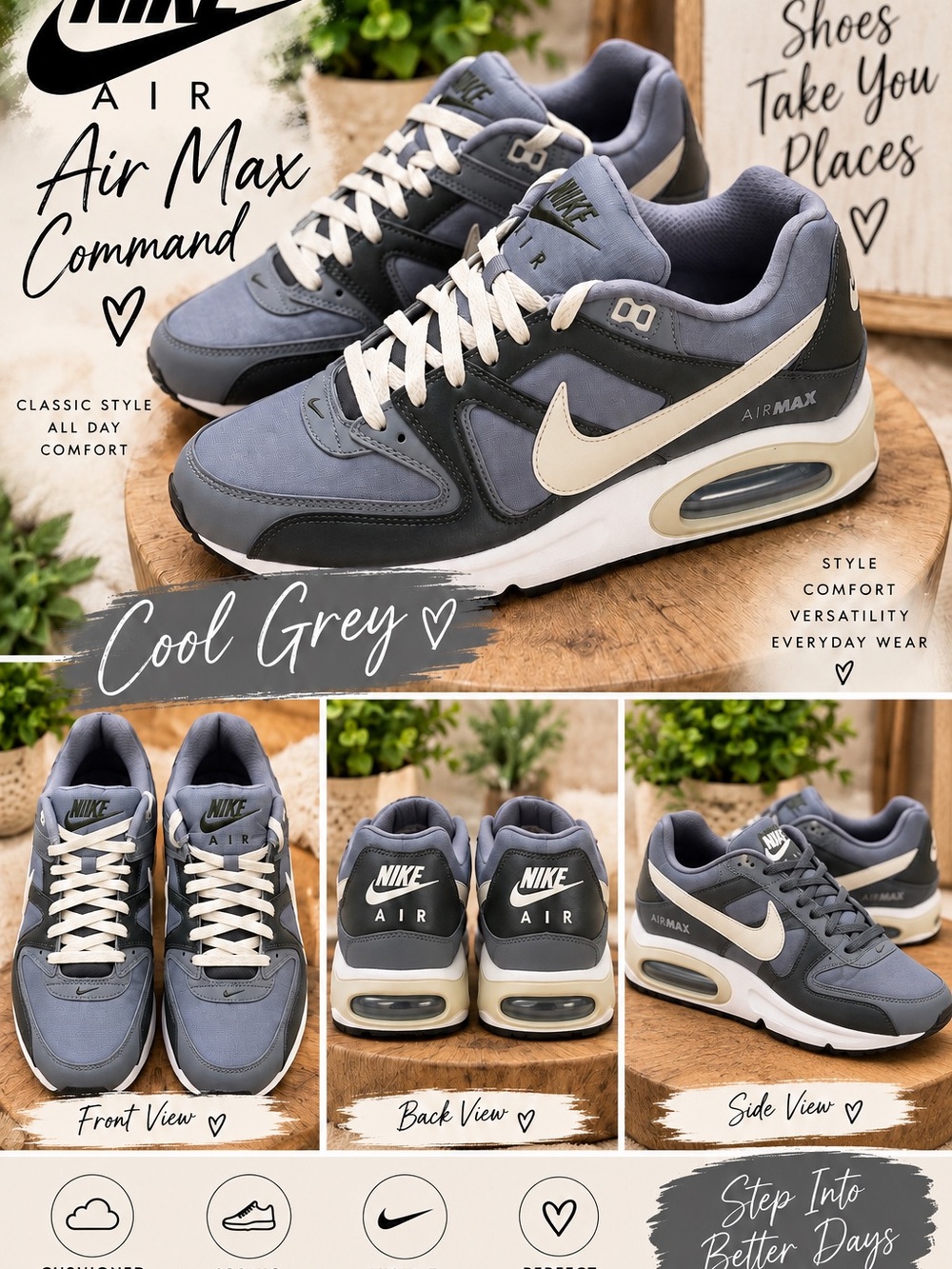 Nike Air Max Command Men’s Sneakers - Grey with Cream Accents